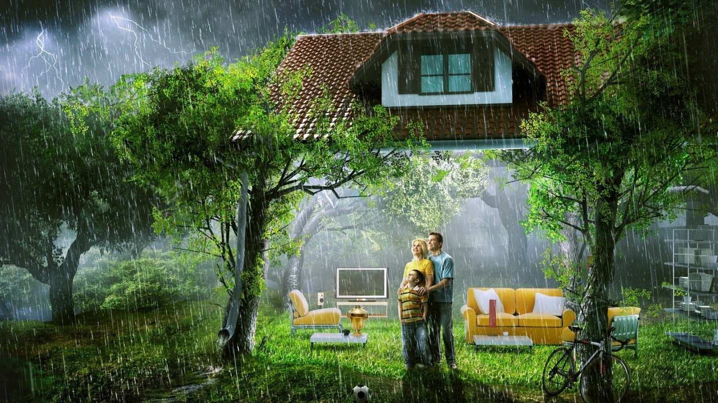 Открытка семья смотрит на дождь  с днем семьи   Mit dem Familientag 